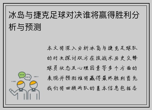 冰岛与捷克足球对决谁将赢得胜利分析与预测