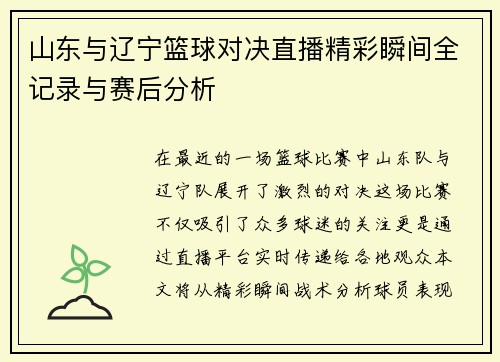 山东与辽宁篮球对决直播精彩瞬间全记录与赛后分析